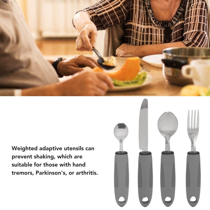 Adaptive Utensils, Non Slip Handles, Weighted Utensils for Hand Tremors, Arthritis, Parkinsons or Elderly Use, Stainless Steel Knife, Fork, Spoons, Easy Grip Cutlery for Adults