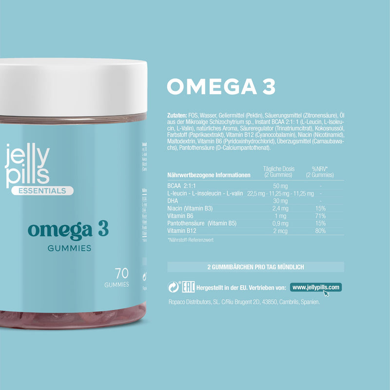 [Australia] - Jelly Pills® Concentrated Omega-3 Gummies (DHA + BCAA) and B Group Vitamins - 70 vegan orange flavored gummies - no added sugar - for children and adults 