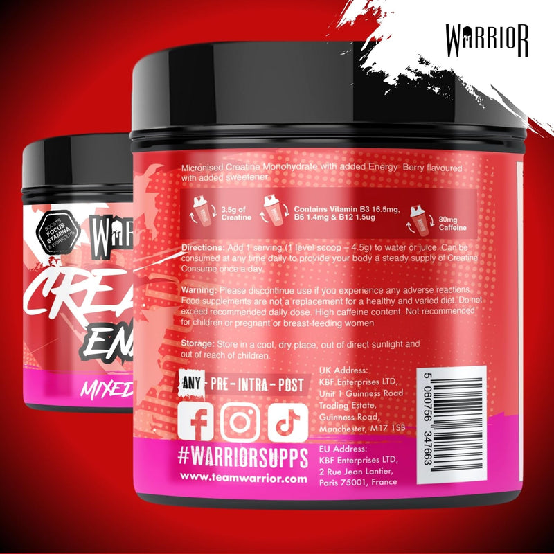 Warrior Creatine Monohydrate Powder + Energy 360g (80 Servings) – Micronised Creatine Powder Supplement + Vitamin B & Caffeine for Energy & Focus, Pre & Post Workout for Men & Women – Mixed Berry