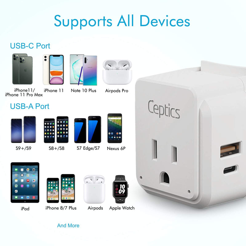 Ceptics International Power Plug Adapter Travel Set, 20W PD & QC, Safe Dual USB & USB-C 3.1A - 2 USA Outlet - Compact - Use Europe, Asia, Africa In Worldwide - Includes 13 Type SWadAPt Attachments Cherry White