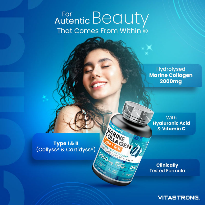 Marine Collagen with Hyaluronic Acid & Vitamin C, 180 Tablets Hydrolysed Type 1 and Collagen Type 2 Collyss & Cartidyss, Alternative to Marine Collagen Powder & Hyaluronic Acid Powder