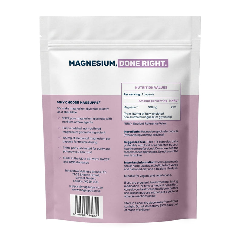 Magnesium Glycinate - 100% Pure, Fully-Chelated, Non-Buffered - 100mg Magnesium per Capsule - UK Made - Lab Tested - No Fillers - 90 Capsules 90 count (Pack of 1)