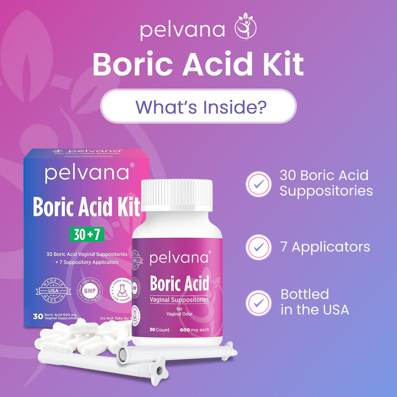 [Australia] - Pelvana Boric Acid Suppositories for Women 30 + 7 Applicators, Total of 37 Piece Kit for Vaginal Odor & Freshness - Third-Party Lab Verified & Bottled in The USA - Feminine Health Odor Solution 30 Count + 7 Applicators 