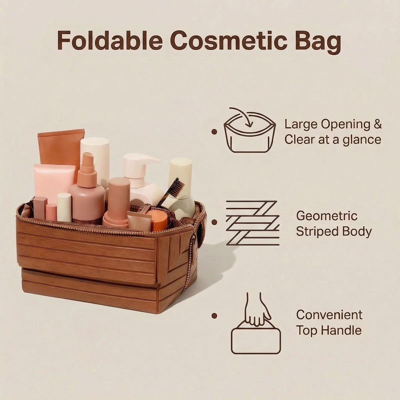 Travel Makeup Bag, Large Capacity Fold Down Cosmetic Bag for Women, Waterproof PU Leather, Pull Open Toiletry Bag with Compartments, for Skincare, Brushes & Travel Essentials (Brown) Brown
