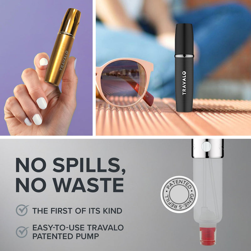 Travalo LUX Perfume Atomizer Bundle - Leak-Proof and TSA Approved for Air Travel - Reusable, Easy Fill Mini Pump Sprayer - Lightweight, Brushed Polished Metal - Gold, Black, Silver - 3 Pack Multi-color 0.2 Ounces (3 Pack)