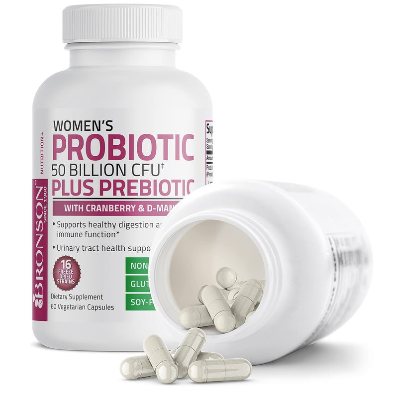 [Australia] - Bronson Women's Probiotic 50 Billion CFU + Prebiotic with Cranberry & D-Mannose – Vaginal Health, Healthy Digestion, Immune Function and Urinary Tract Support, NON-GMO, 60 Vegetarian Capsules 60 Count (Pack of 1) 