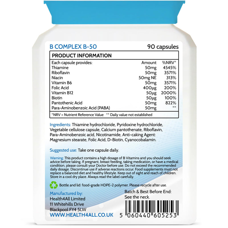 Health4All Vitamin B Complex B-50 90 Capsules, 3 Months Supply, High Potency Vegan B-Complex with PABA | Support Cognitive Functions, Energy, Tiredness & Fatigue | Made in UK (not Tablets) 90 count (Pack of 1)