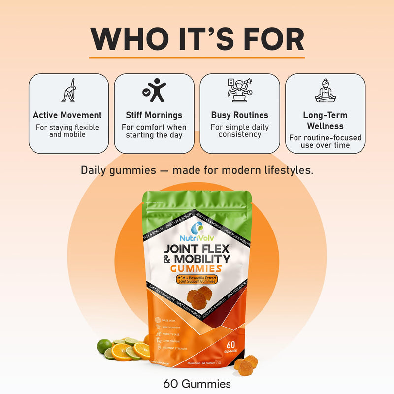 Joint Flex & Mobility Gummies | 60 Gummies | MSM, Boswellia, Vitamin C | Orange & Lime Flavour | High Strength Joint Care Supplement for Adults | 1 Month Supply | Made in UK | by NutriVolv