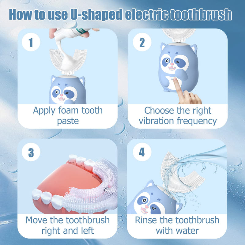 [Australia] - Kids Electric U Shaped Toothbrush, Cartoon Sonic Toothbrush with 4 Brush Heads 6 Cleaning Modes Children Toothbrush IPX7 Waterproof - (Age 2-7, Blue) Cup with Blue Raccoon（Ages 2-7） 