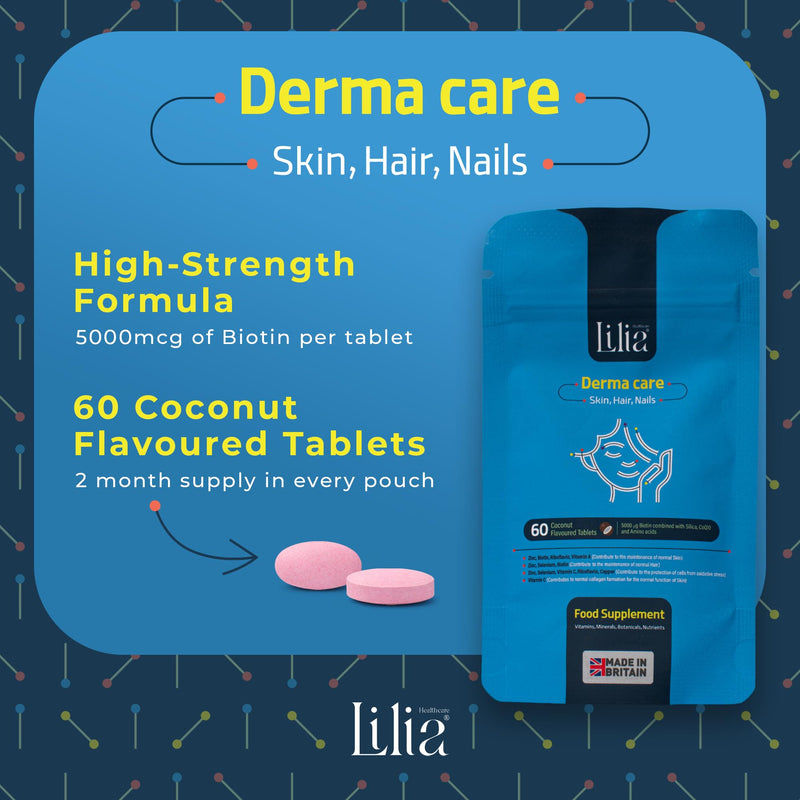 Lilia Derma Care Nail, Skin and Hair Supplements for Women and Men (60 Coconut Flavoured Tablets) Balanced Blend of Biotin, Silica and Hair Skin and Nails Vitamins - Skincare Made in UK