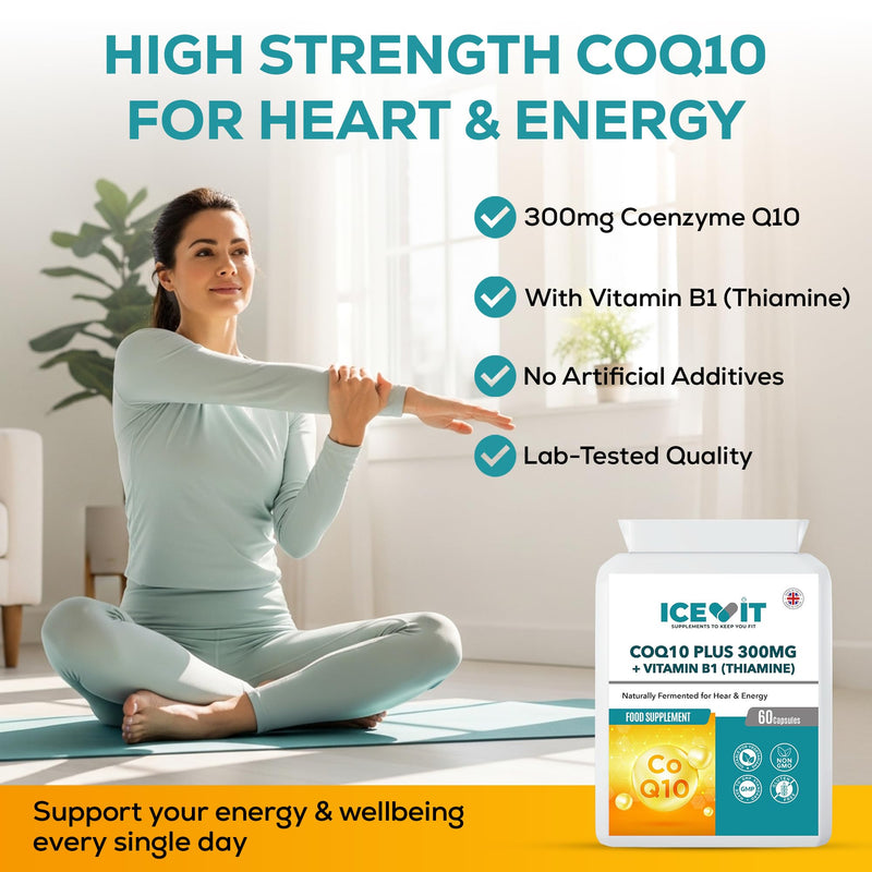 CoQ10 300mg with Vitamin B1 (Thiamine) – 60 Vegan Capsules – High Strength Coenzyme Q10 Food Supplement – Energy Metabolism Support – Made in UK