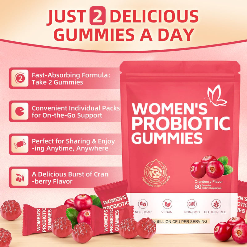 Probiotic Gummies for Women, Viginal Health Balance Gummies, Feminine Balance Gummy with Cranberry Prebiotic, Supports pH Balance & Intimate Flora | 60 Gummies