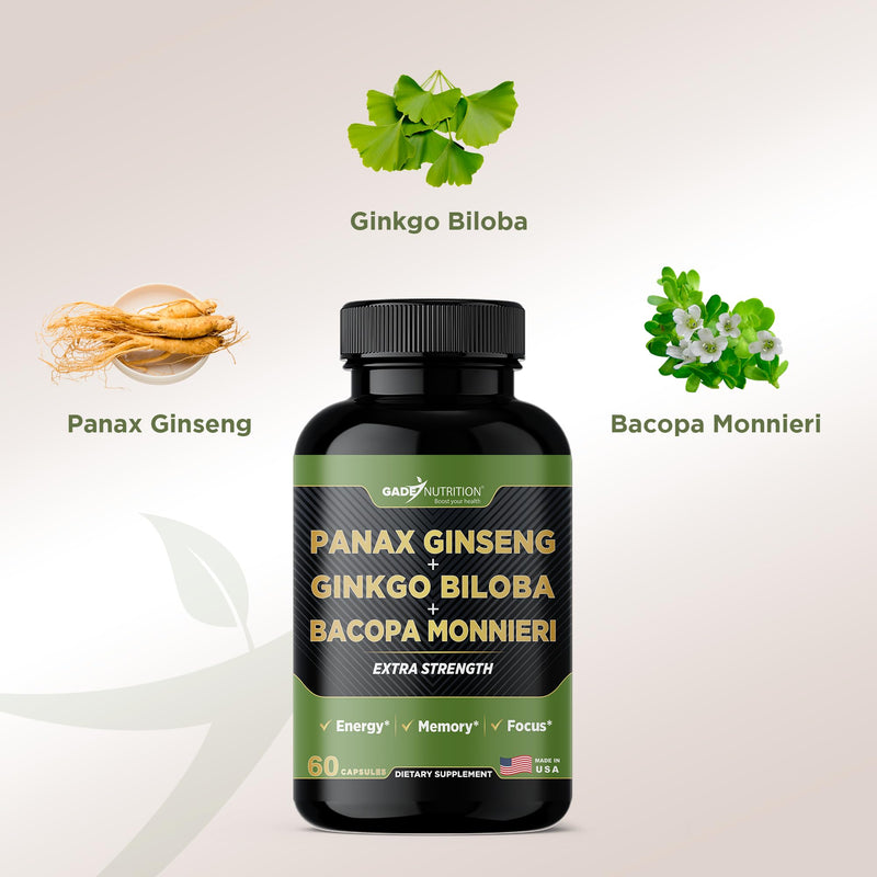[Australia] - Gade Nutrition Ginkgo Biloba with Ginseng Supplement and Bacopa Monnieri | Brain Supplements for Memory and Focus with panax Ginseng & Ginko biloba Capsules - Memory Supplement for Brain 