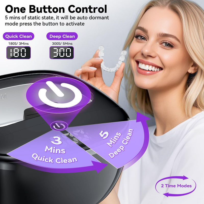[Australia] - Ultrasonic Retainer Cleaner, 45kHz Dental Cleaning Pod for Dentures, Aligners, Night Guards & Jewelry, 150ML Denture Cleaner 2 Timed Modes & Travel Design 