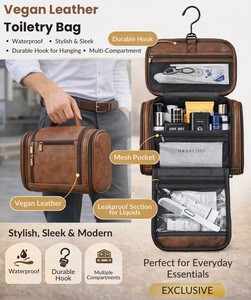 TUCKR Leather Toiletry Bag for Men & Women, Travel Dopp Kit for Everyday Essentials, Water Resistant, Compact & Sleek Design with Hook and Multiple Compartments (Dark Brown) Dark Brown