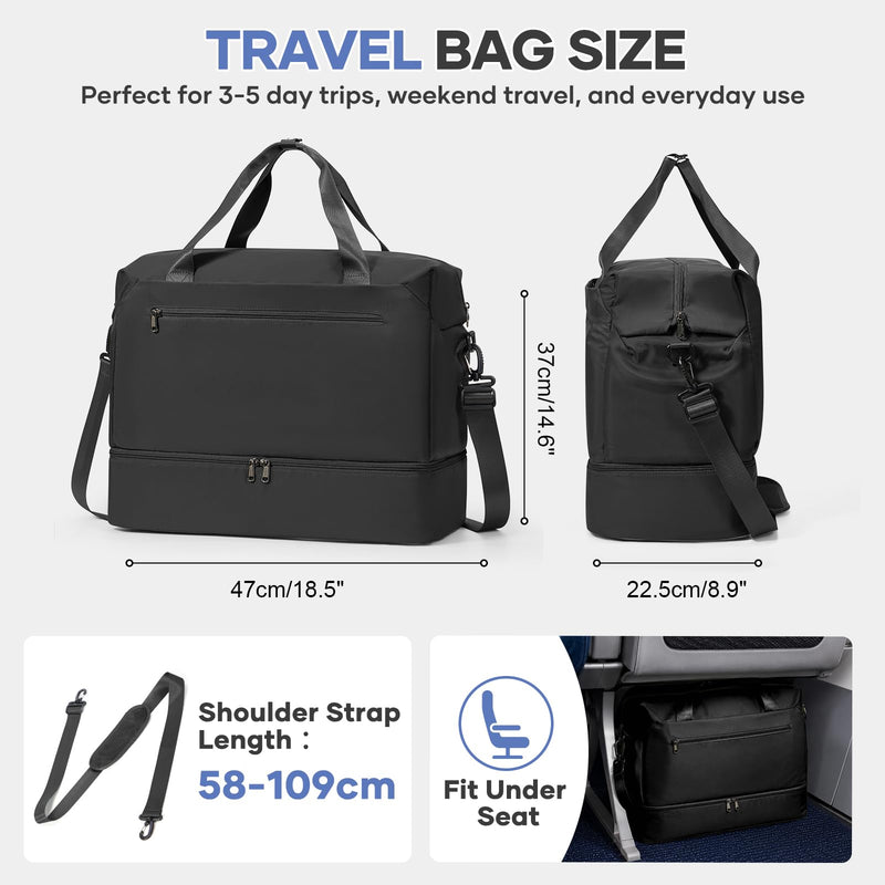 Travel Duffel Bag, Carry-On Overnight Weekender Bags for Women Travel | Personal Item Bag for Airlines,Bottom Shoe Compartment,Trolley Sleeve Black