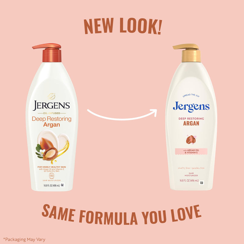 Jergens Deep Restoring Argan Oil Body Lotion For Dry Skin, 16.8 fl oz | Vitamin E, Restores Hydration, Long-Lasting Moisture, Lightweight Feel, Fast Absorption 16.8oz Lotion 16.8 Fl Oz (Pack of 1)