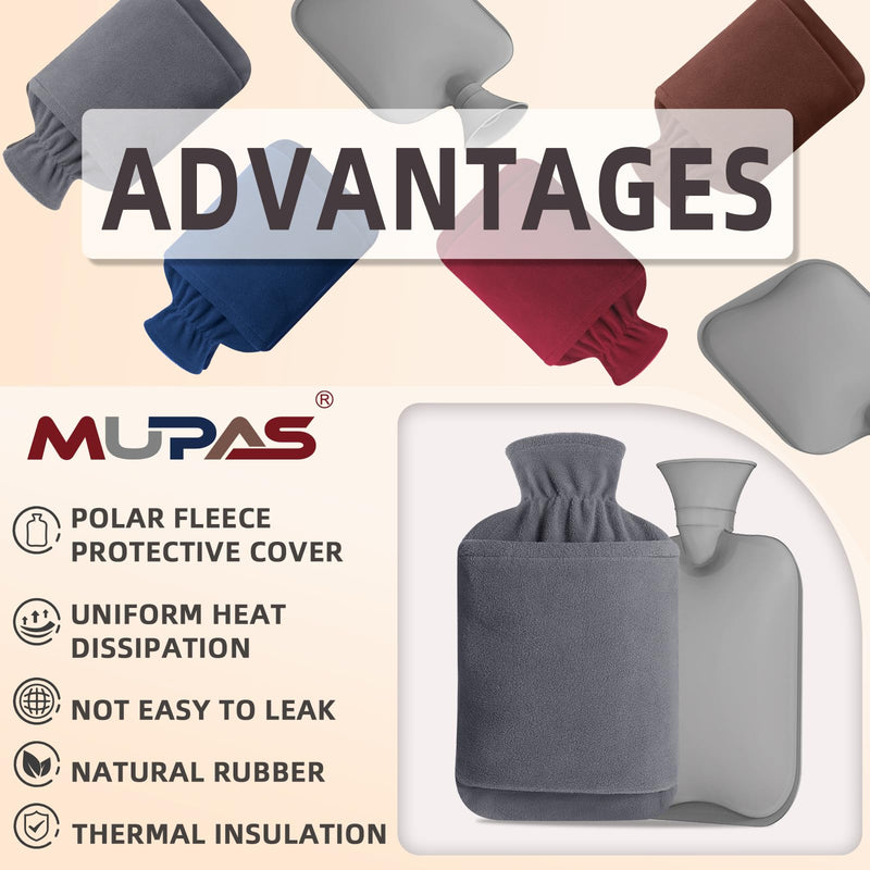 [Australia] - MUPAS hot water bottle with fleece cover - 2L large leak-proof bed bottle - soft hot water bottles with kangaroo bag + natural rubber - hot water bag for children and adults - for pain relief (grey) grey 