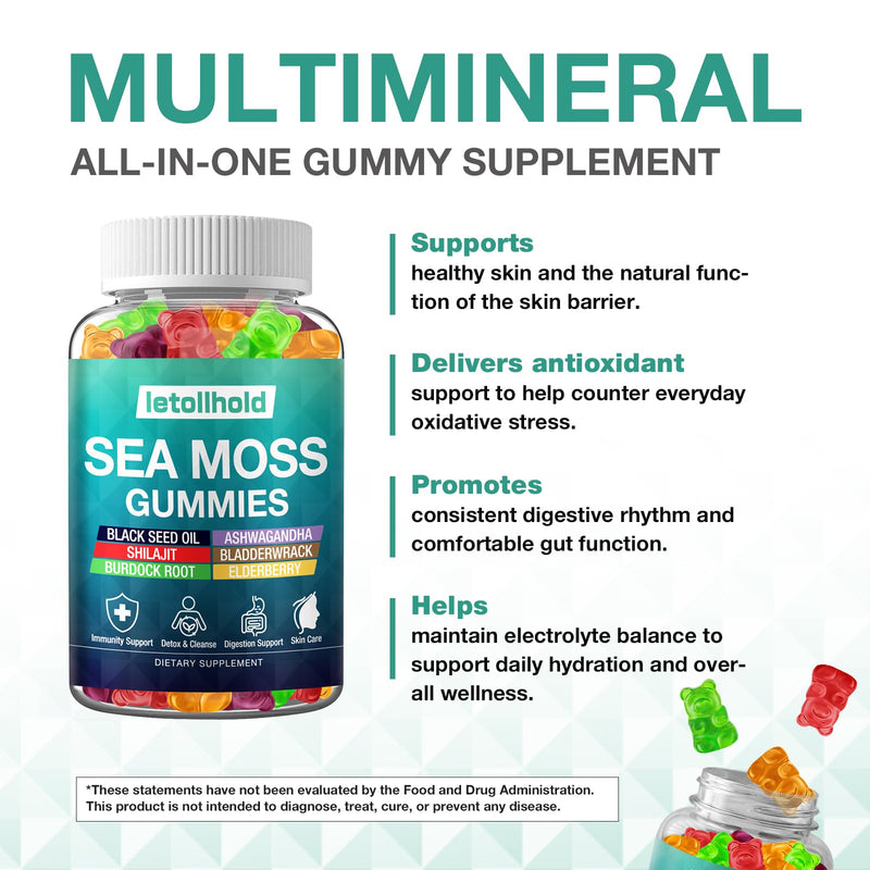 Sea Moss Gummies - Irish Sea Moss Gummies Advanced for Adults with Ashwagandha Bladderwrack & Burdock Root for Supports Immune，Energy - 60 Vegan Gummy,2PCS 60 Count (Pack of 2)