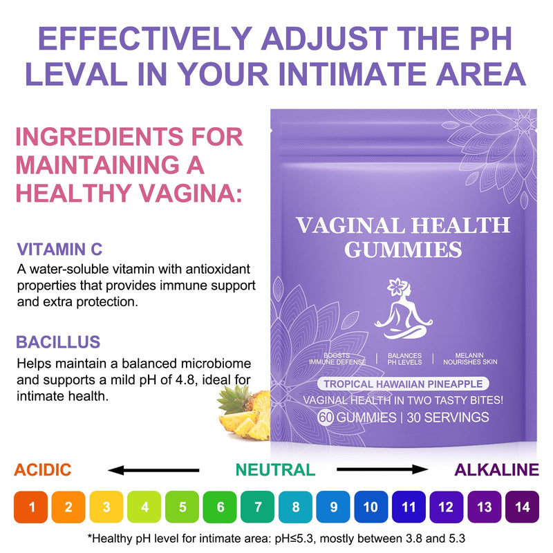Premium Feminine Balance Gummies 60PCS - Vegan Pineapple Probiotic Gummies for Women's pH Balance & Immune Support, Gluten-Free Vaginal Health Supplement