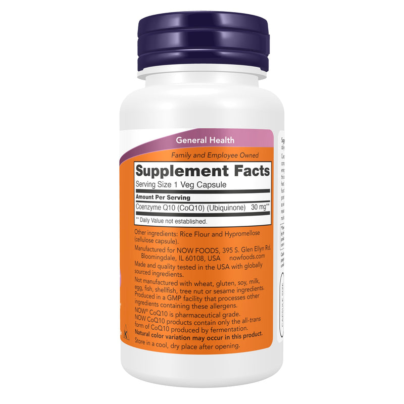 NOW Supplements, CoQ10 30 mg, Pharmaceutical Grade, All-Trans Form produced by Fermentation, 60 Veg Capsules 60 Count (Pack of 1)