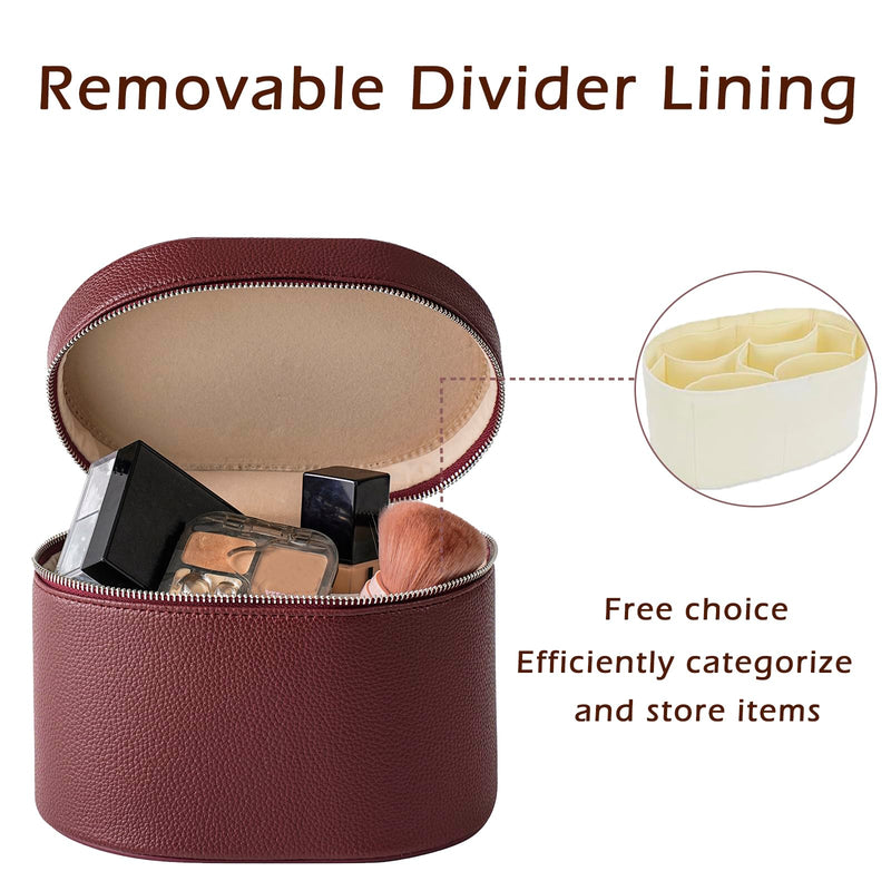 RSRSLEII Aesthetic Makeup Bag, Travel Makeup Vanity Case with Divider and Handle, Waterproof PU Leather Cosmetic Organizer Bag, Portable Toiletry Bag for Women(06Burgundy) 06Burgundy