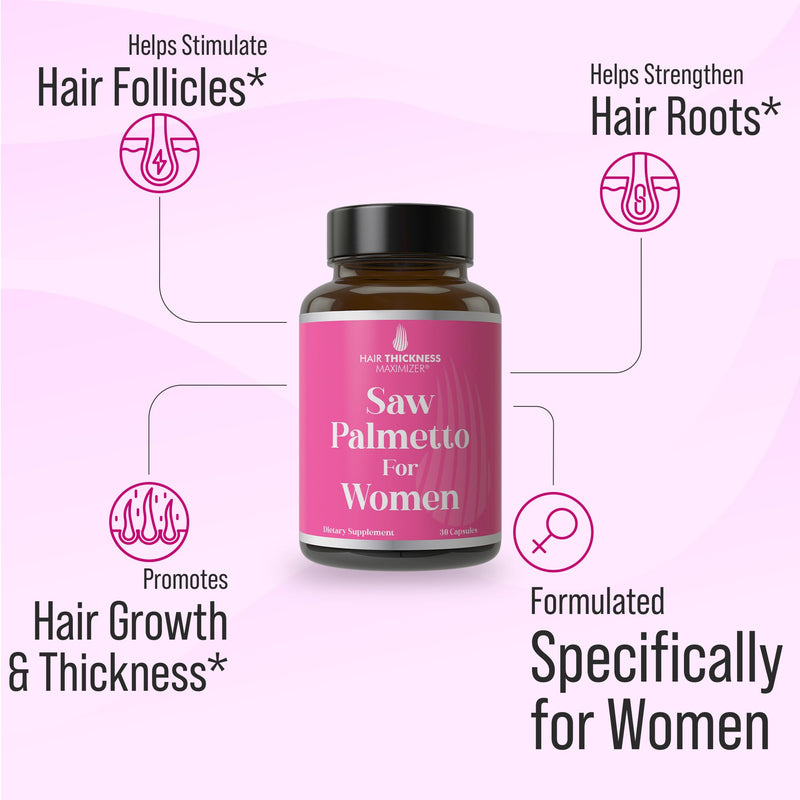 Hair Thickness Maximizer Saw Palmetto for Women with Biotin + Hair Vitamins | Zinc, Copper, Vitamin D. Women's Hair Growth Supplement. Clean, Non-GMO, Vegan, Standardized Saw Palmetto Capsules