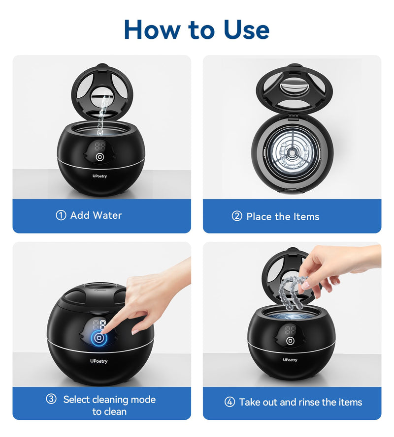 [Australia] - Ultrasonic Retainer Cleaner, 45kHz Retainer Cleaner Machine with Digital Timer & 4 Modes, 200ML Portable Dental Cleaning Pod for Aligners, Dentures, Night Guards, Braces, Jewelry, Black 