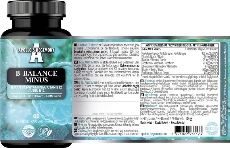 B-Balance Minus - 60 Vegan Capsules - Excluding B12 for Customized Health Strategies - Comprehensive B-Complex for Metabolism & Nervous System Support - by Apollo's Hegemony