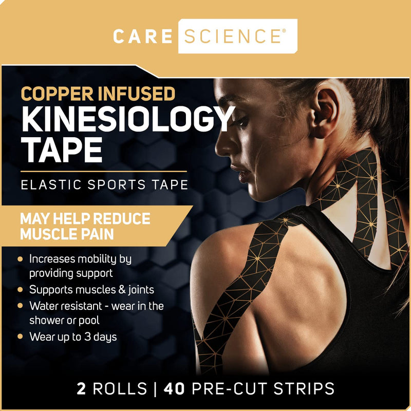 [Australia] - Care Science Waterproof Kinesiology Tape, 40 ct Precut Strips (2 Rolls), Copper Infused | Water Resistant Strips, Elastic Athletic Tape for Sports & Weightlifting, Muscle Strain Relief & Joint Support 