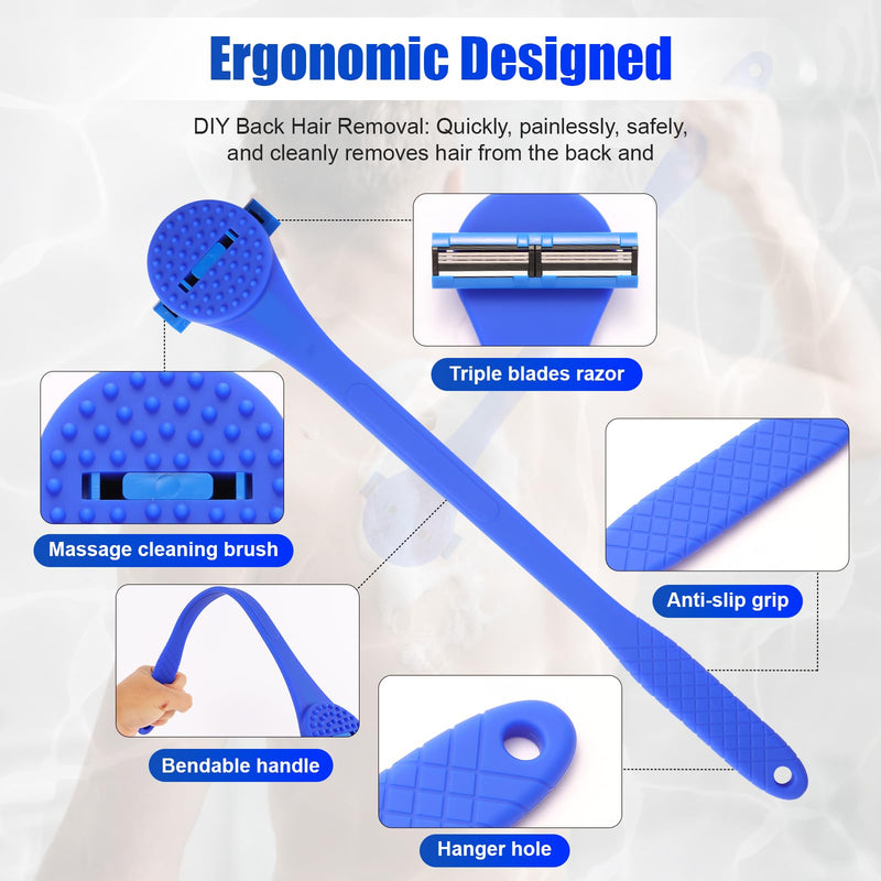 Back Shaver for Men,Back Hair Removal for Men with Long Bendable Ergonomic Silicone Handle,10 of The Wet or Dry Disposable Razor Blades,Bath Brush Included(Blue)