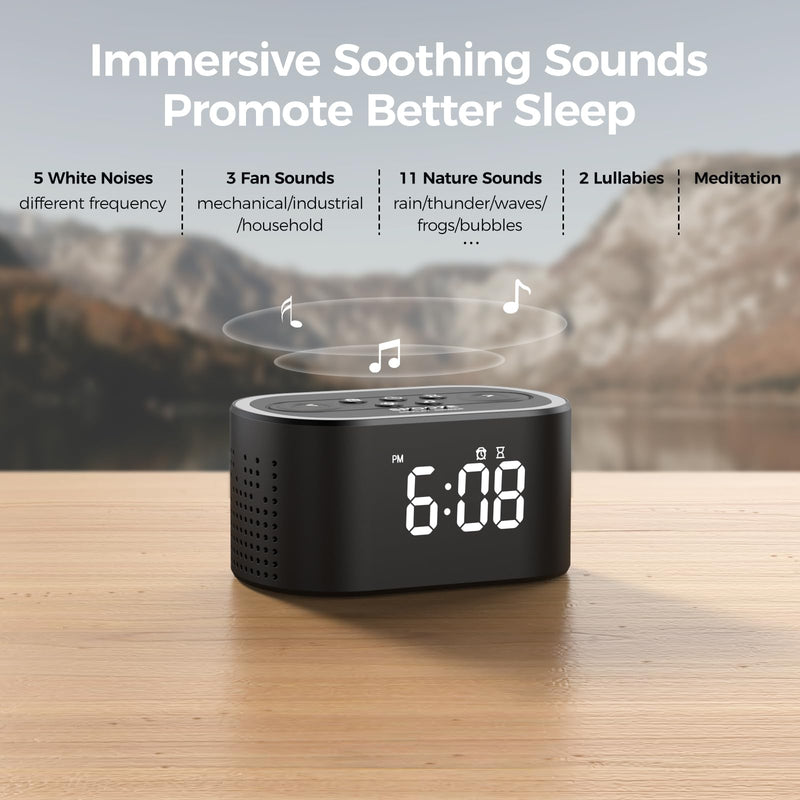 [Australia] - REACHER Digital Alarm Clock & White Noise Sound Machine, 21 Soothing Sounds, 7 Wake Up Sounds, 8 Night Lights, 32-Level Volume, 9 Sleep Timer, Memory Function for Adult, Kid, Bedside, Bedroom Black 