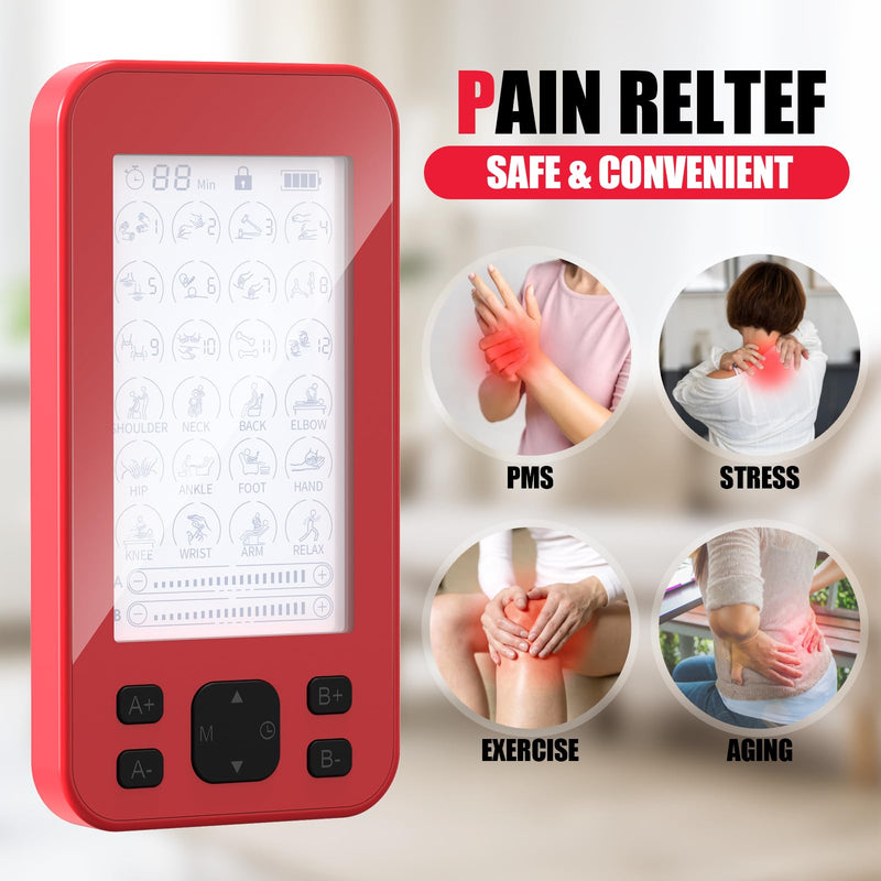 TENS Unit Muscle Stimulator, 3-in-1 TENS & EMS Stimulator Machine with 24 Modes & 20 Levels, Rechargeable EMS Massager for Neck, Shoulder, Sciatica & Back Pain Relief with 12 Pads, EVA Case