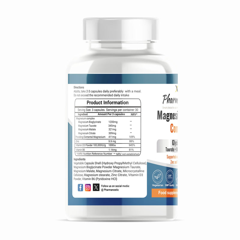 Pharmanostix Magnesium Complex 4-in-1 | Max Absorption Formula 2175mg of Magnesium Bisglycinate, Taurate, Citrate, Malate, Supported with VIT D Zinc & Vitamin B6, UK Made