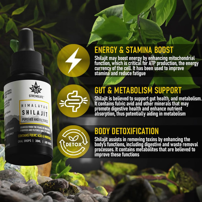 Shilajit Resin Stronglife Himalayan Liquid Oil Drops 30 gram Equivalent | Natural Source of Fulvic Acid & Mineral Oral Drops | UK Lab Certified | 30ml