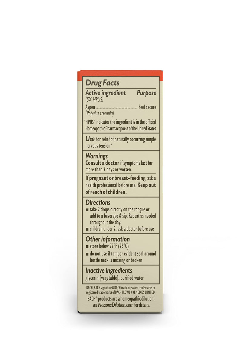 [Australia] - Bach Original Flower Remedies, Aspen for Apprehension and Security (Non-Alcohol Formula), Natural Homeopathic Flower Essence, Holistic Wellness and Stress Relief, Vegan, 10mL Dropper 