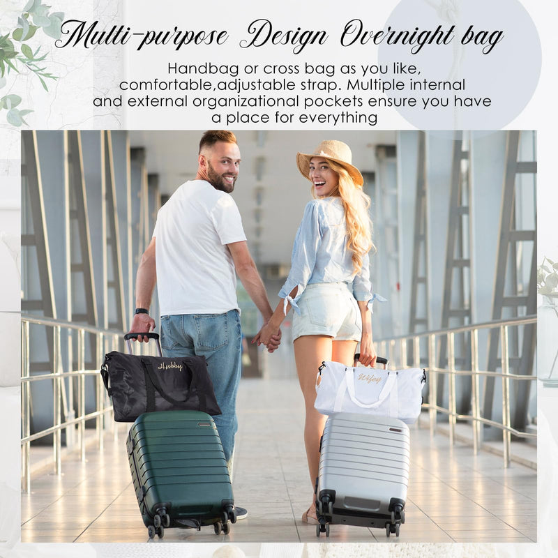 Sanwuta 2 Pcs Mr Mrs Duffel Bag Set Honeymoon Weekender,Wifey Hubby | Wedding Gift for Bride Groom, Embroidered Couple Travel Bags, Adjustable Strap, Water Resistant, Bridal Shower Gift Wifey Hubby