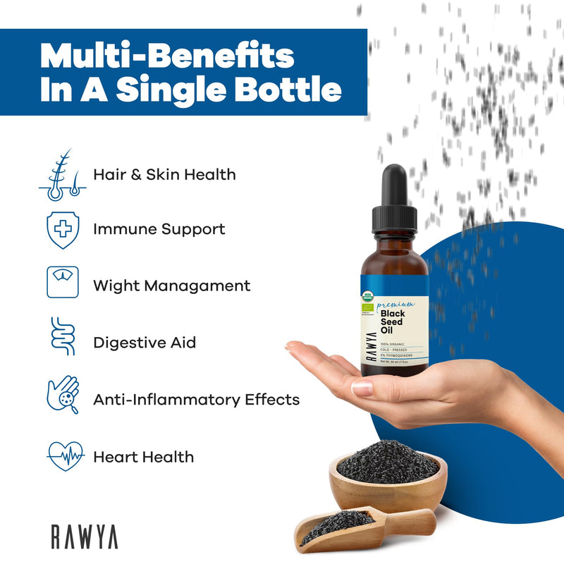 [Australia] - Black Seed Oil, Organic, 1.7 Fl Oz, RAWYA, Unrefined, Premium, High TQ, Cold Pressed, Glass Bottle, Nigella Sativa Oil, Non-GMO, Black Cumin Seed Oil, also known as Kalonji Oil, Nigella Oil 