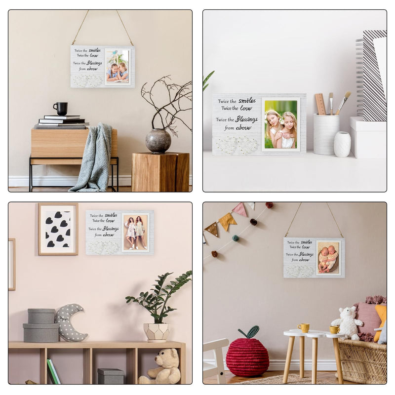 [Australia] - Twin Sister Keepsake Picture Frame - Gift for Twin Sisters Shower with The Words"Twice The Smiles, Twice The Love, Twice The Blessings from Above" 2 Heart Shaped 4 X 6 Frame with Black Text,Wood Twins Picture Frame 