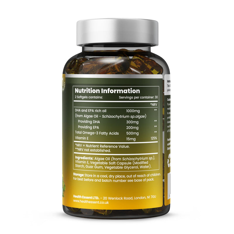 HealthEssent Omega 3 Vegan Complex - Algae Oil Omega 3 with EPA DHA and Vitamin E, 1000mg Algae Based Fatty Acids Supplements for Heart, Brain and Joint Health, Non-GMO & Halal – 60 Softgels