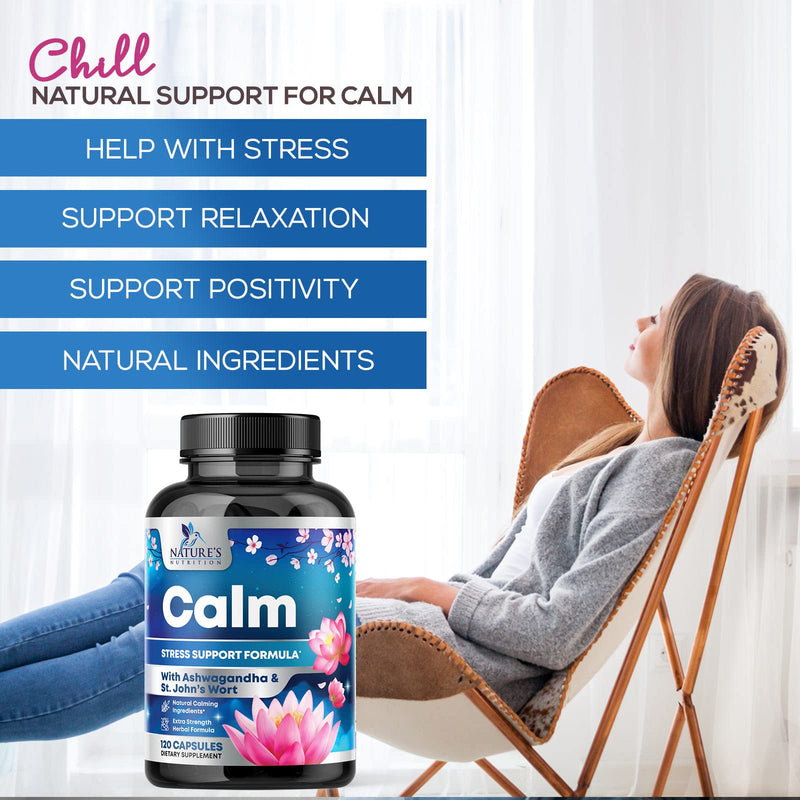 [Australia] - Stress Support Supplements for Mood & Calming with Ashwagandha, GABA, Magnesium, 5-HTP, L-Theanine & B Vitamins, Natural Immune & Stress Support to Relax, Focus, Unwind - Vegan, Non-GMO - 120 Capsules 120 Count (Pack of 1) 
