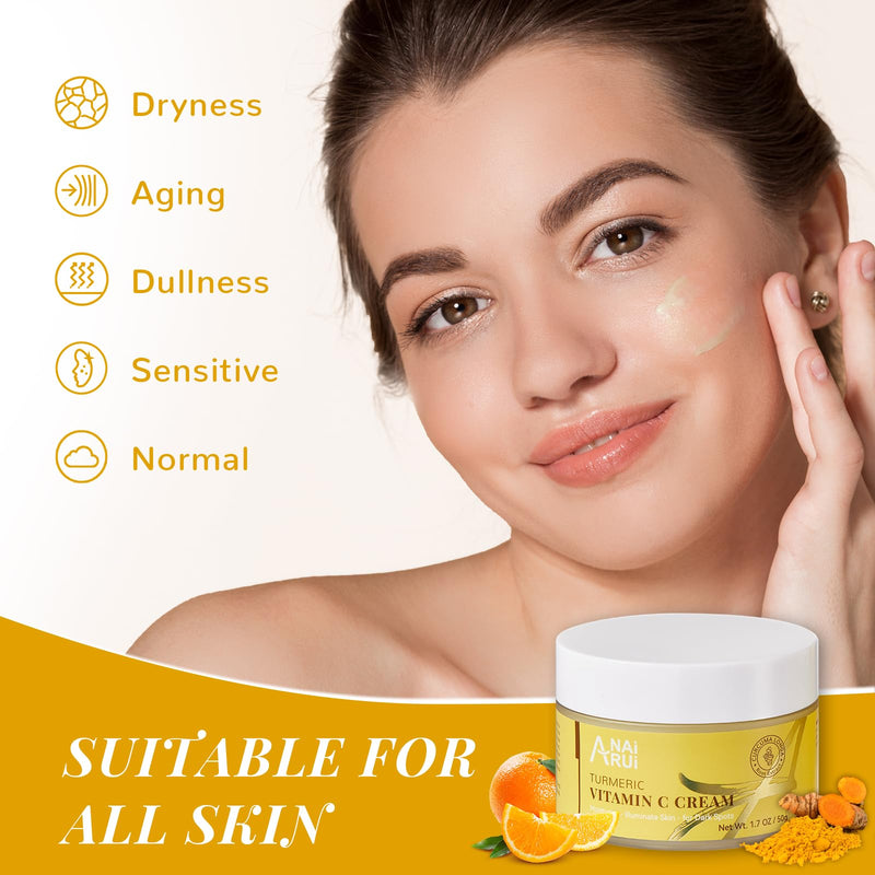 ANAI RUI Vitamin C Face Moisturizer with Turmeric, 1.7 OZ | Anti-Aging Facial Cream for Dull, Dry Skin, Reduces Wrinkles, Evens Skin Tone, Hydrating & Nourishing
