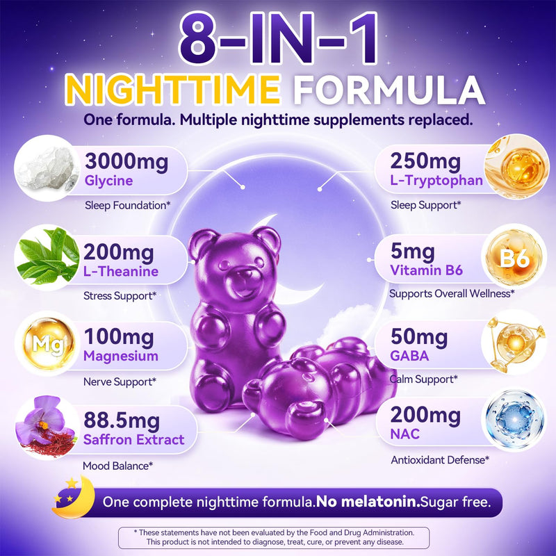 Glycine 3g Gummies for Sleep Sugar Free Made in USA | Glycine 3000mg Supplements with Magnesium, NAC, L-Theanine,GABA, L-Tryptophan, Saffron, B6 for Relax, Nerve & Brain