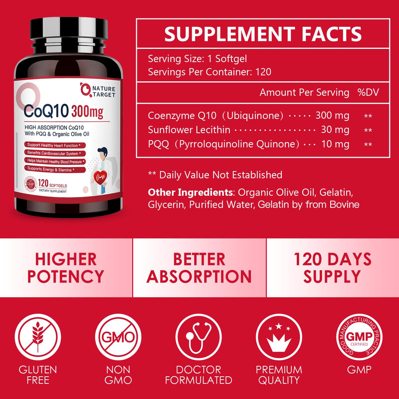 [Australia] - NATURE TARGET CoQ10-300mg-Softgels + PQQ with Organic-Olive-Oil - High Absorption-Coenzyme-Q10 - Antioxidant-for-Heart-Health and Immune Support, Energy Production, 120 Servings 