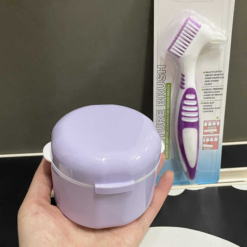 [Australia] - Denture Bath Case Cup Box Holder Storage Container with Denture Cleaner Brush Strainer Basket for Travel Cleaning(Purple) Purple 