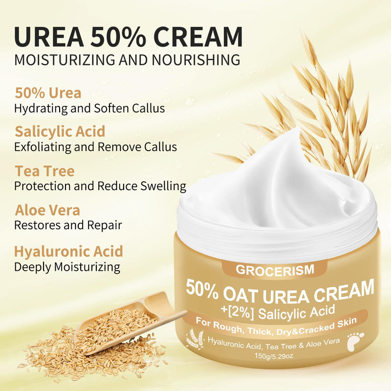 [Australia] - Grocerism Urea Cream 50 Percent for Feet 5.29 oz with Oat and 2% Salicylic Acid, Foot & Hand Cream included Hyaluronic Acid, Tea Tree and Aloe Vera for Deep Moisturizing, Callus Removing 2 Packs 