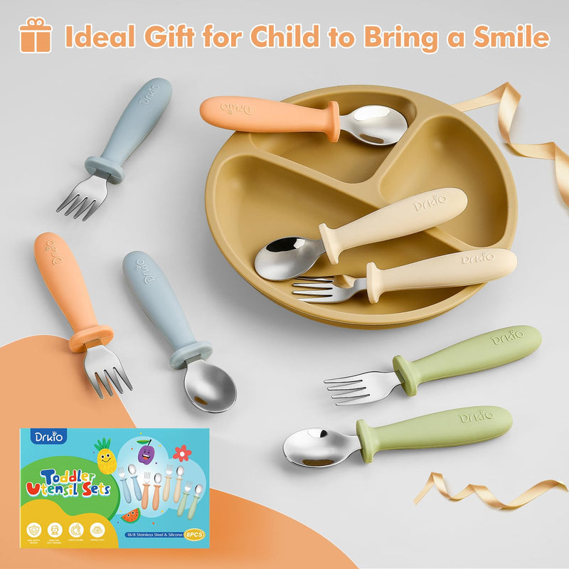 [Australia] - 8 Pieces Toddler Utensils Set - Kids Silverware Set with Silicone Handle Children Safe 18/8 Stainless Steel Forks and Spoons Anti-Choke Design Food Grade Dishwasher Safe 
