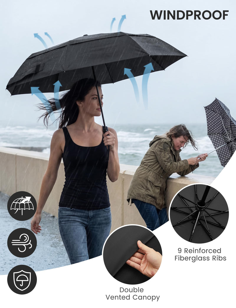 G4Free 42 Inch Eco Windproof Folding Umbrella with Reflective Strip + 42 Inch Compact Strong Windproof Travel Umbrellas for Rain & Sun