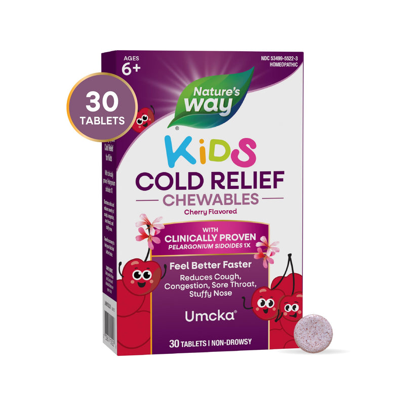 [Australia] - Nature‚Äôs Way Kids Cold Relief Chewables, Umcka, Ages 6+, Shortens Duration and Reduces Severity, Multi-Symptom Cold Relief, Non-Drowsy, Cherry Flavored, 30 Tablets 