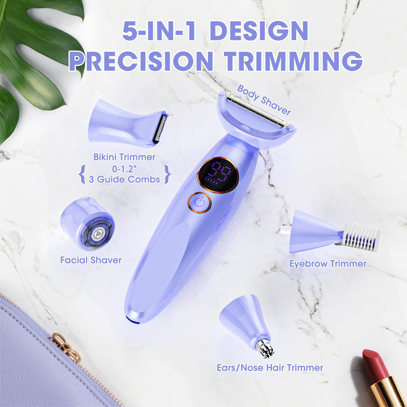 [Australia] - Karrte 5-in-1 Electric Razor for Women's Pubic Hair, Painless Body Shaver and Facial Epilator, Hair Removal for Face, Bikini Trimmer for Women's Private Area Purple 